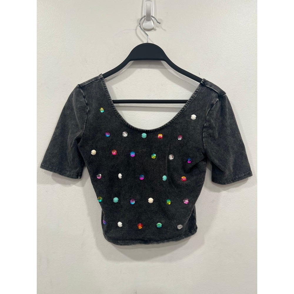 Silence + Noise Crop Top Womens XS Black Acid Wash Embellished Rhinestone - Picture 9 of 11